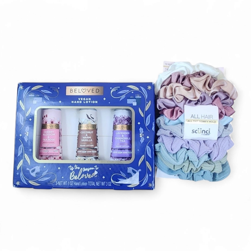 NEW Beloved Vegan Hand Lotion Variety Gift Set & All Hair Comfy Hold Scunci Lot